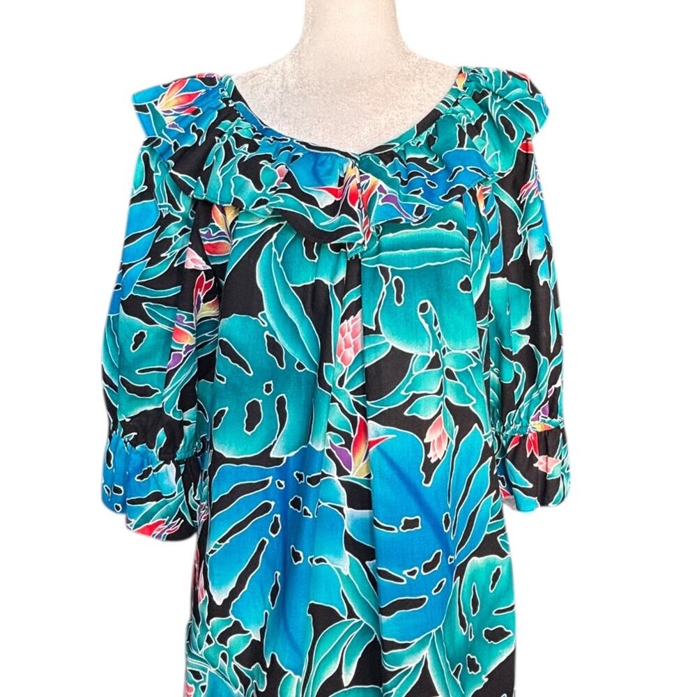 Hilo Hattie Hawaiian Dress Teal Tropical Leaf Cotton Ruffle Off Shoulder Muumuu - Picture 3 of 12